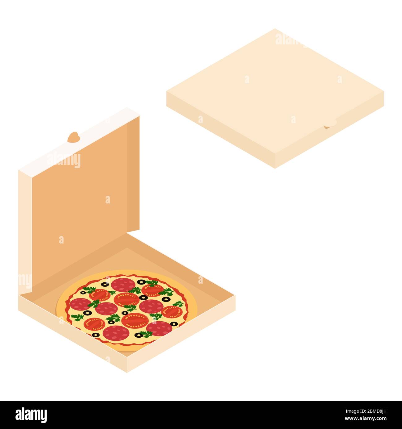 Isometrische Darstellung von Schachteln mit Pizza isoliert auf weiß. Geschlossene und offene Box mit Pizza. Vector Stock Fast Food Illustration Stock Vektor