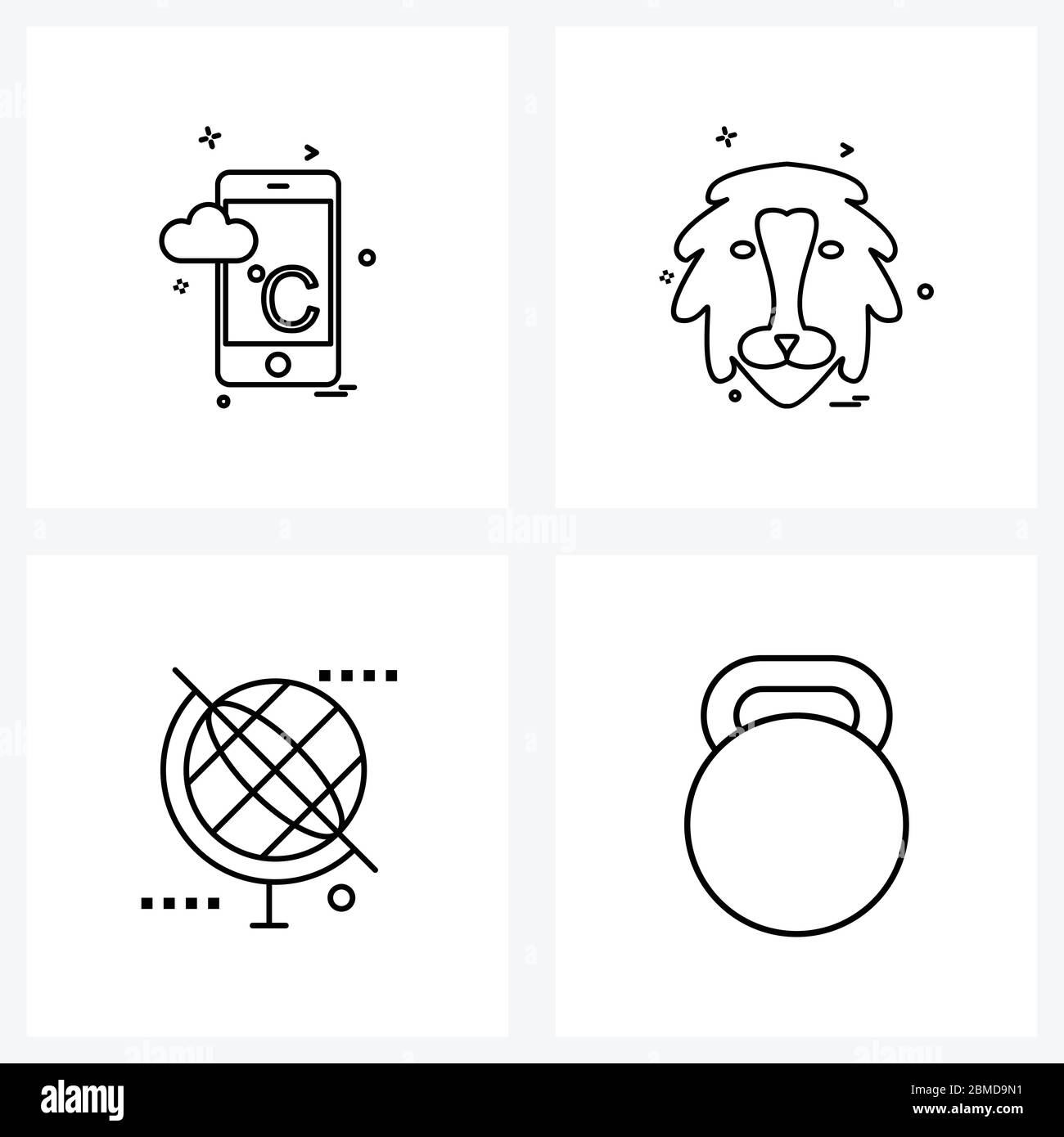 4 Universal Line Icons für Web und Mobile Temp; Koordinaten; Löwe; Wald; Globus Vektor Illustration Stock Vektor