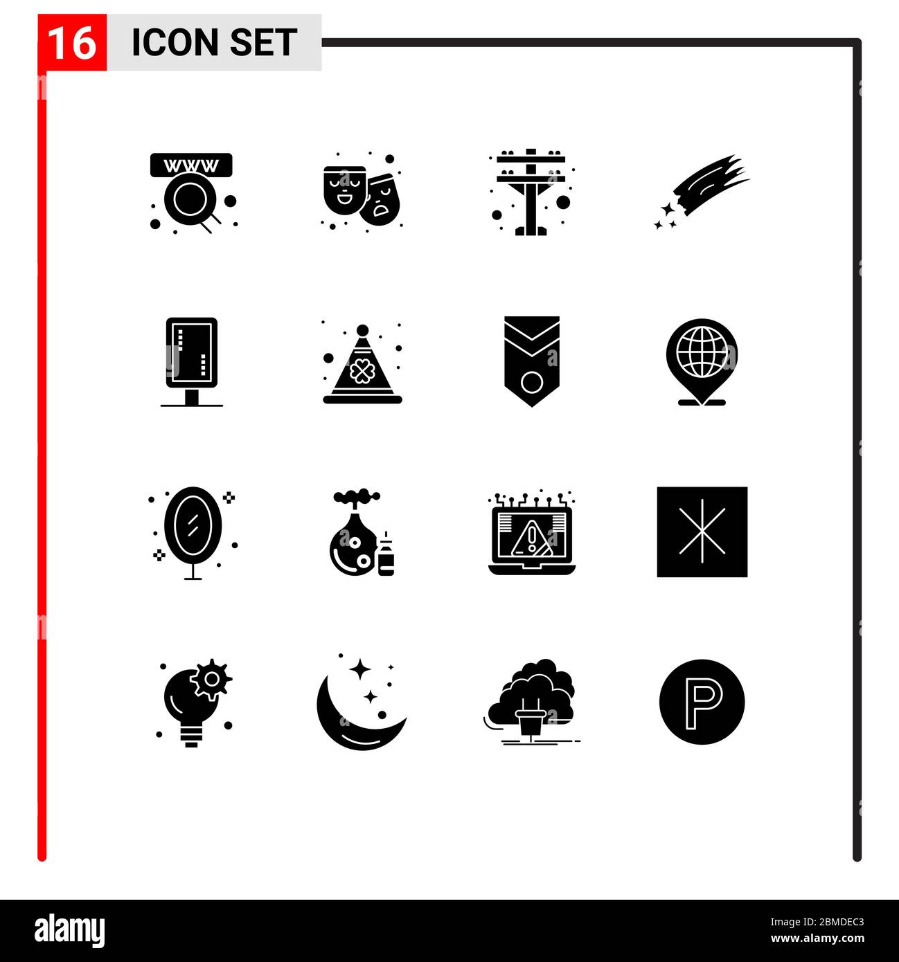 16 Benutzeroberfläche Solid Glyph Pack von modernen Zeichen und Symbole der Marke, Komet, elektrisch, Raum, Astronomie editierbare Vektor Design-Elemente Stock Vektor