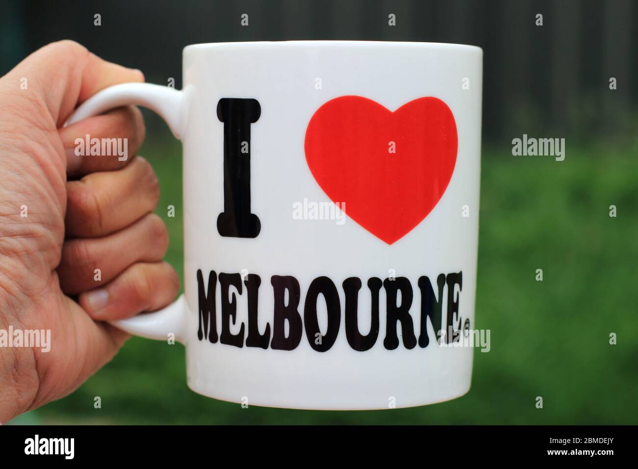 Nahaufnahme der weißen Tasse I Love Melbourne Stockfoto