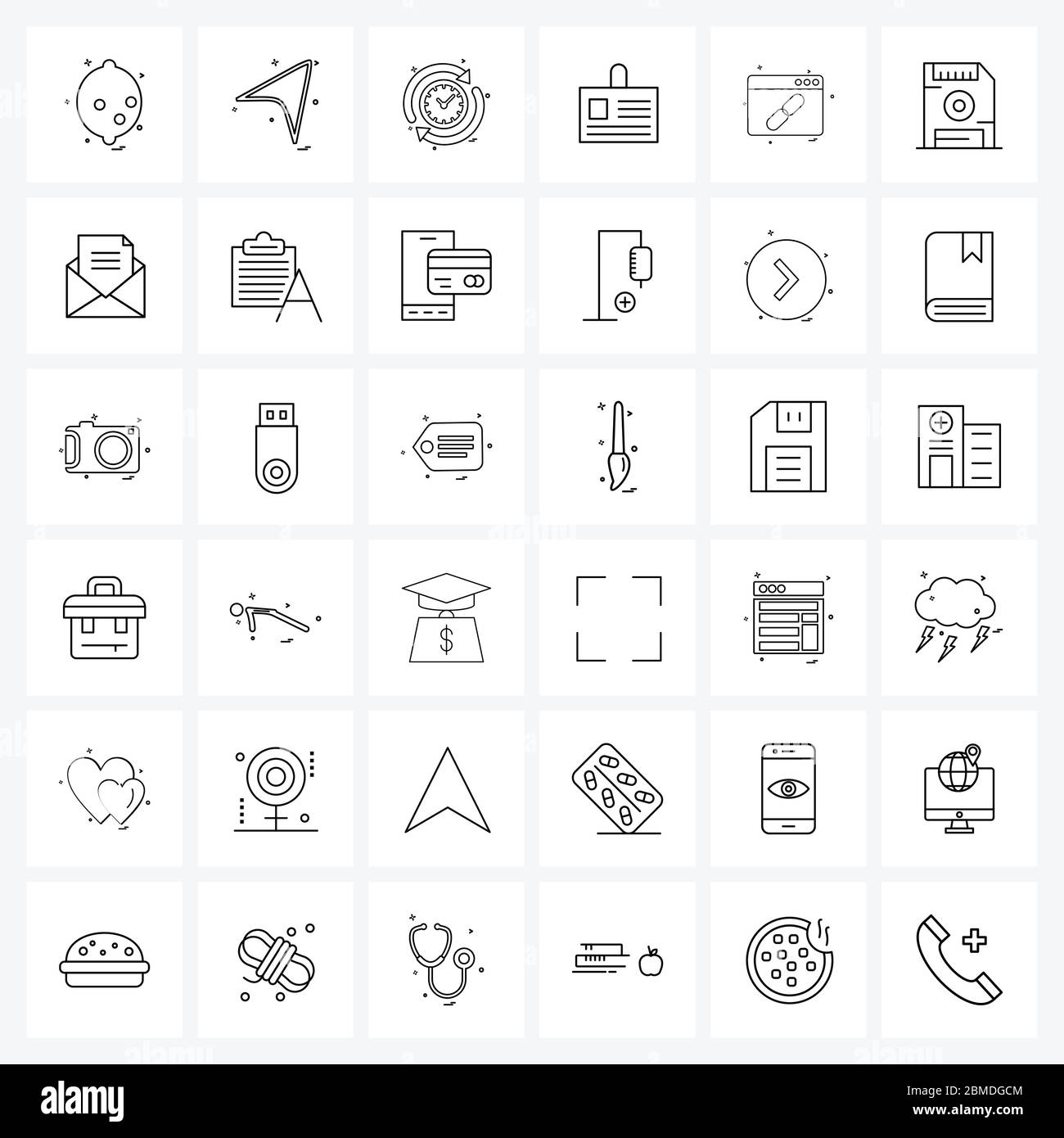 Set von 36 Modern Line Icons Web, id, Pfeile, Karte, Datum Vektor Illustration Stock Vektor