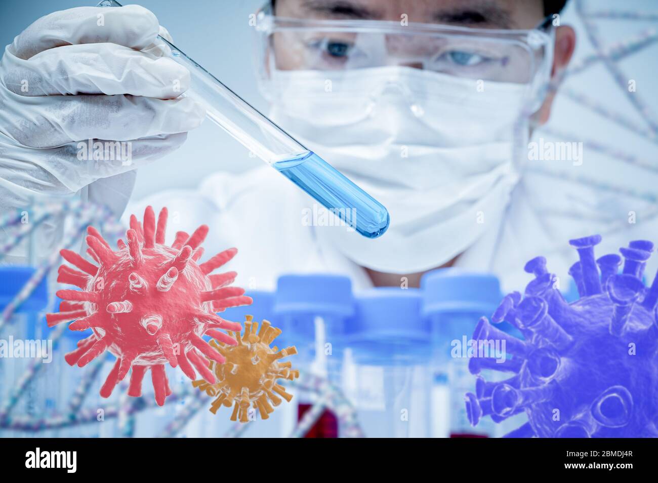 Asiatische männliche Wissenschaftler, die im Labor arbeiten. Stockfoto