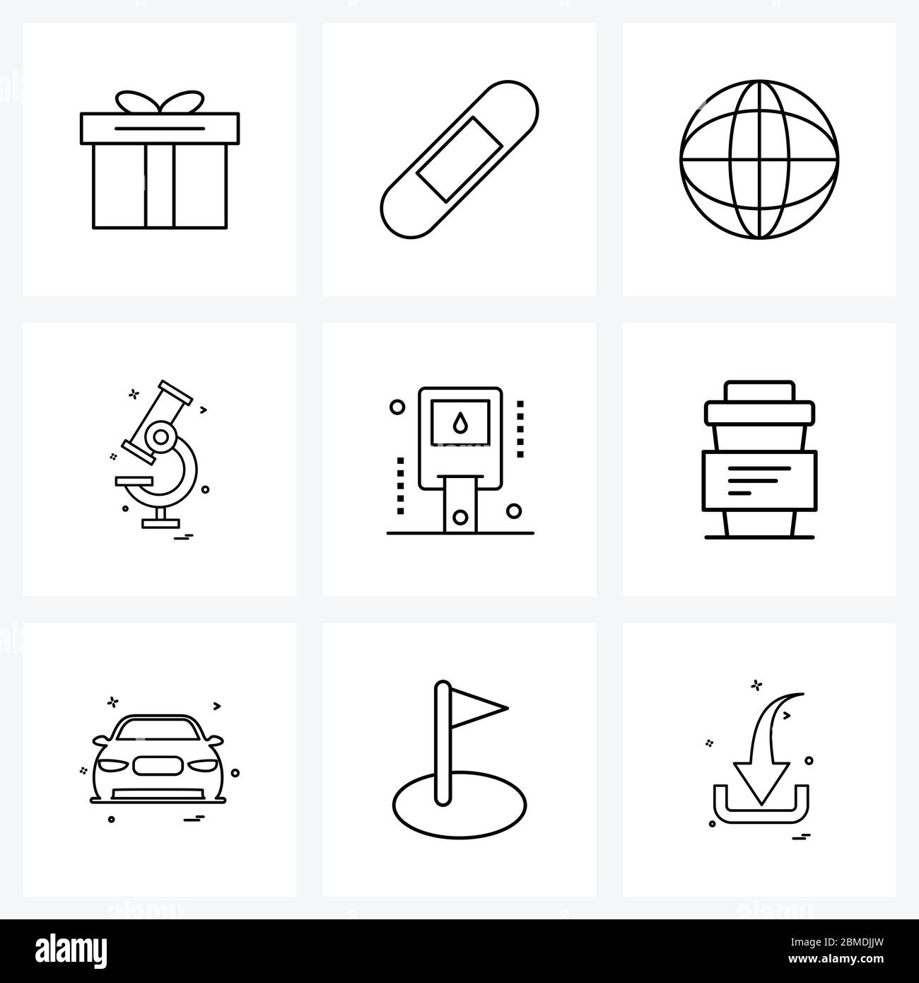 Set von 9 einfachen Linien-Symbole für Web und Print wie Glucometer, Checker, Globus, Blut, Wissenschaft Vektor-Illustration Stock Vektor