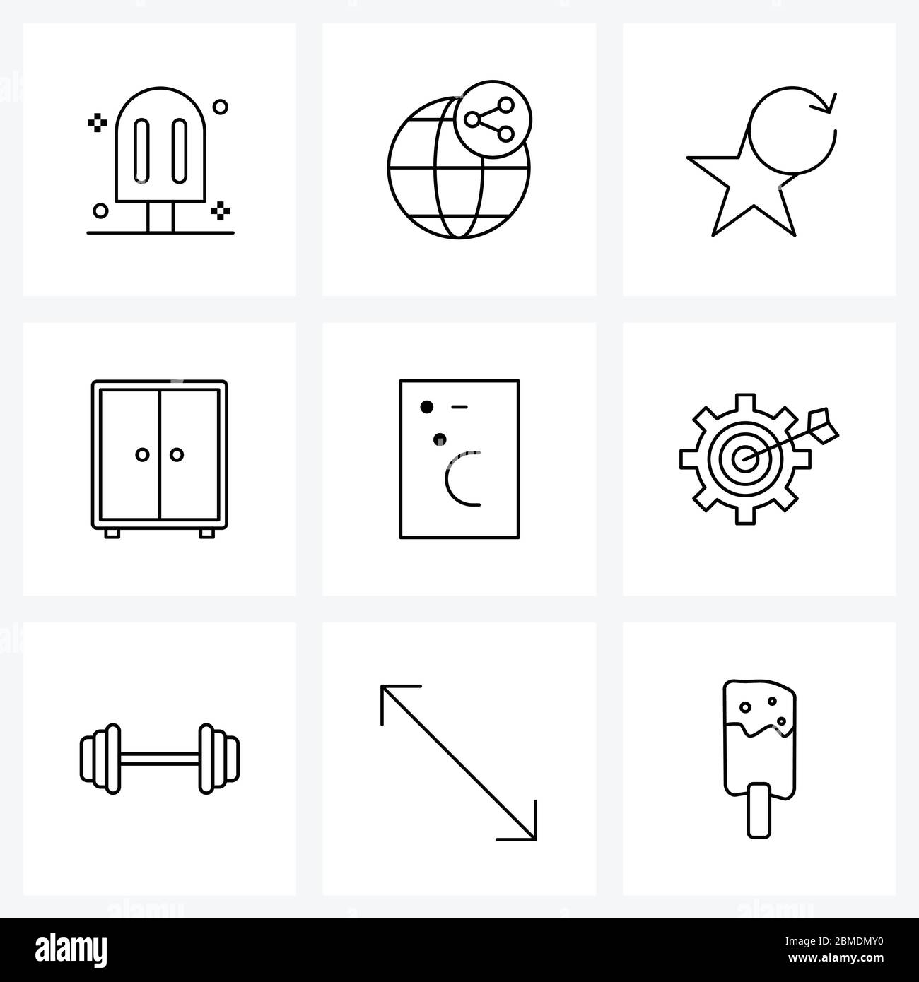 Set von 9 Universal Line Icons Wetter, Handy, Favorit, Schließfach, Heim Vektor Illustration Stock Vektor