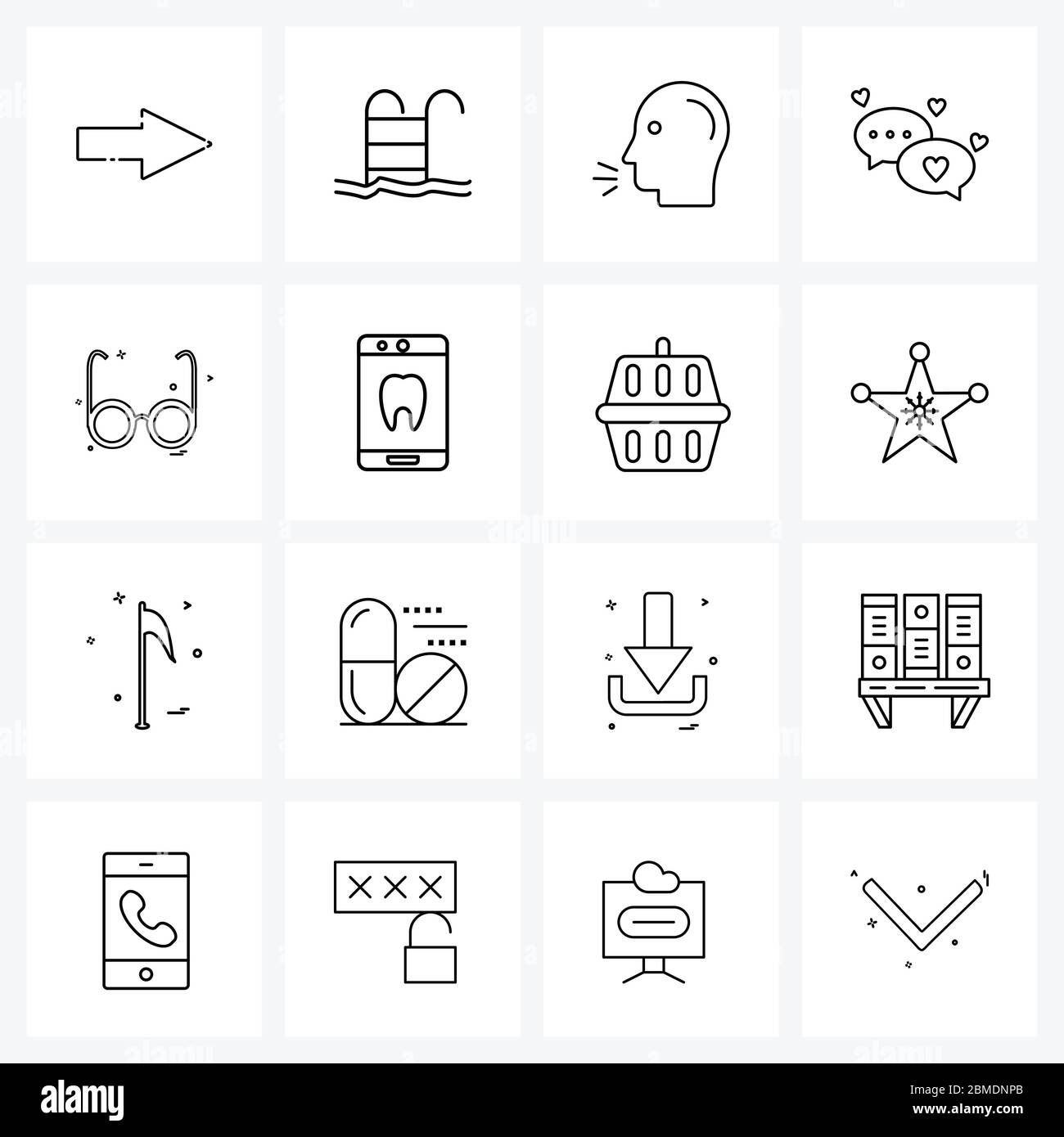 Line-Symbol-Set von 16 modernen Symbole der Brille, Liebe, sprechen, Chat, Liebe Chat Vektor-Illustration Stock Vektor