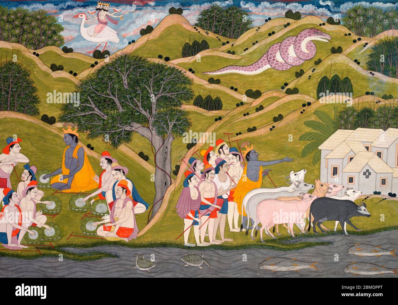 Krishna kehrt mit den Cowherden nach Braj zurück, aus einem Bhagavata Purana, um 1830 Stockfoto
