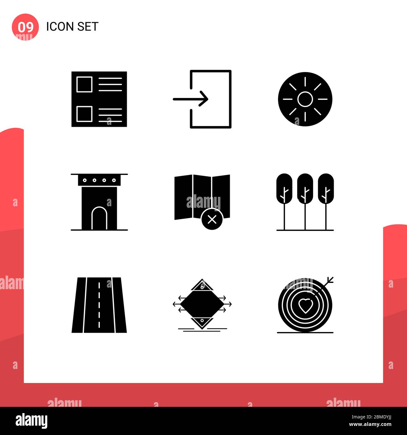 Set von 9 Vektor-Solid-Glyphen auf Gitter für Karte, klar, Kiwi Interieur, Denkmal, Spalte editierbare Vektor-Design-Elemente Stock Vektor
