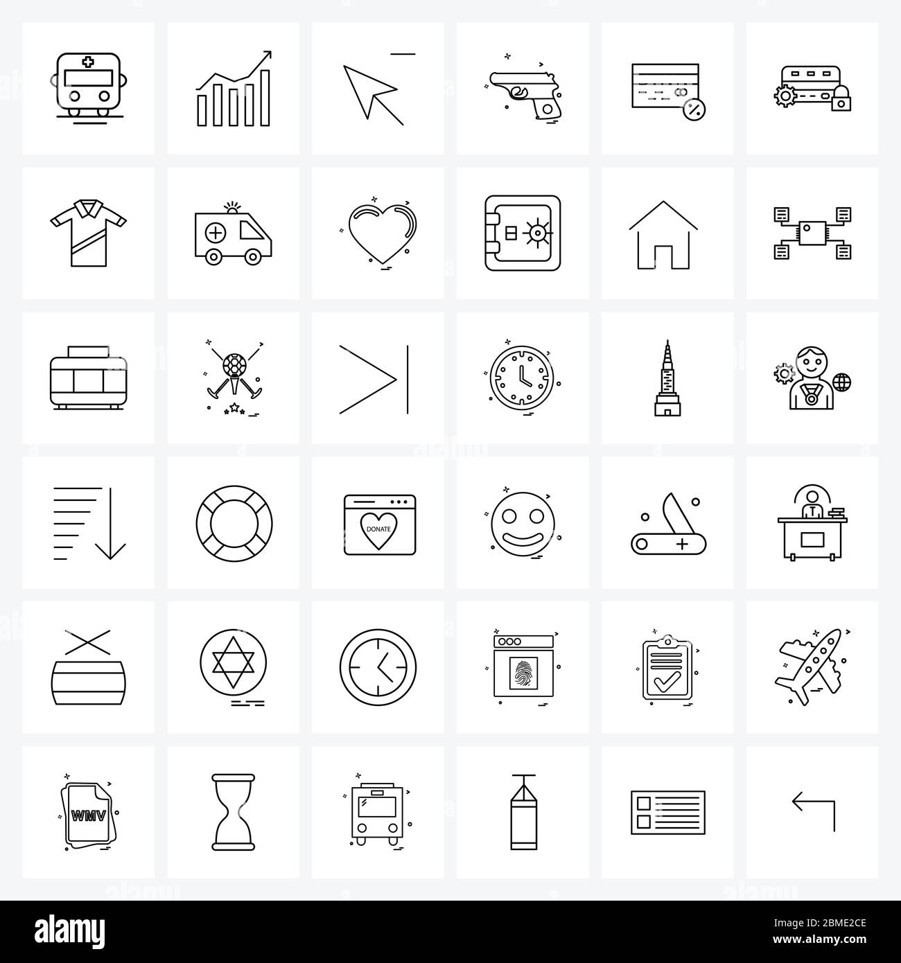 36 Universal Line Icons für Web und Mobile Pistole, Waffe, Pfeil, Militär, weniger Vektor Illustration Stock Vektor