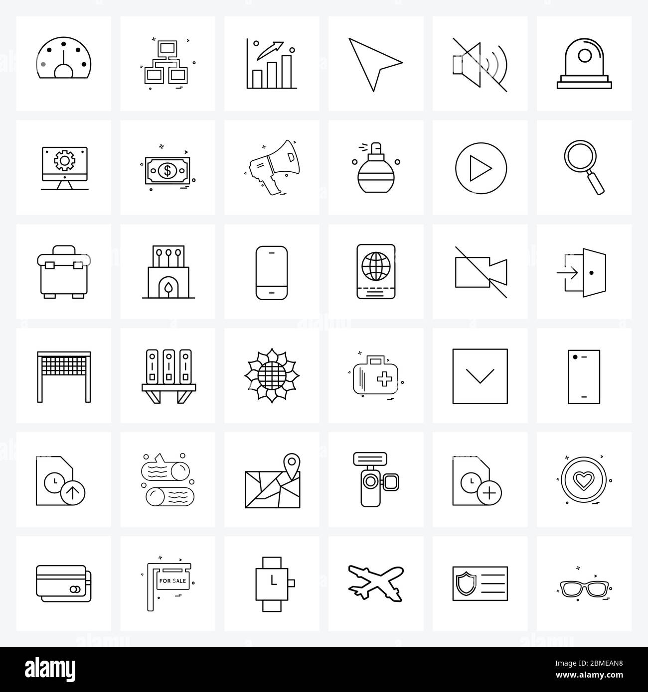 Set von 36 Simple Line Icons für Web und Print wie Krankenwagen, Steuerung, Diagramm, Volumen, Maus Vektor Illustration Stock Vektor