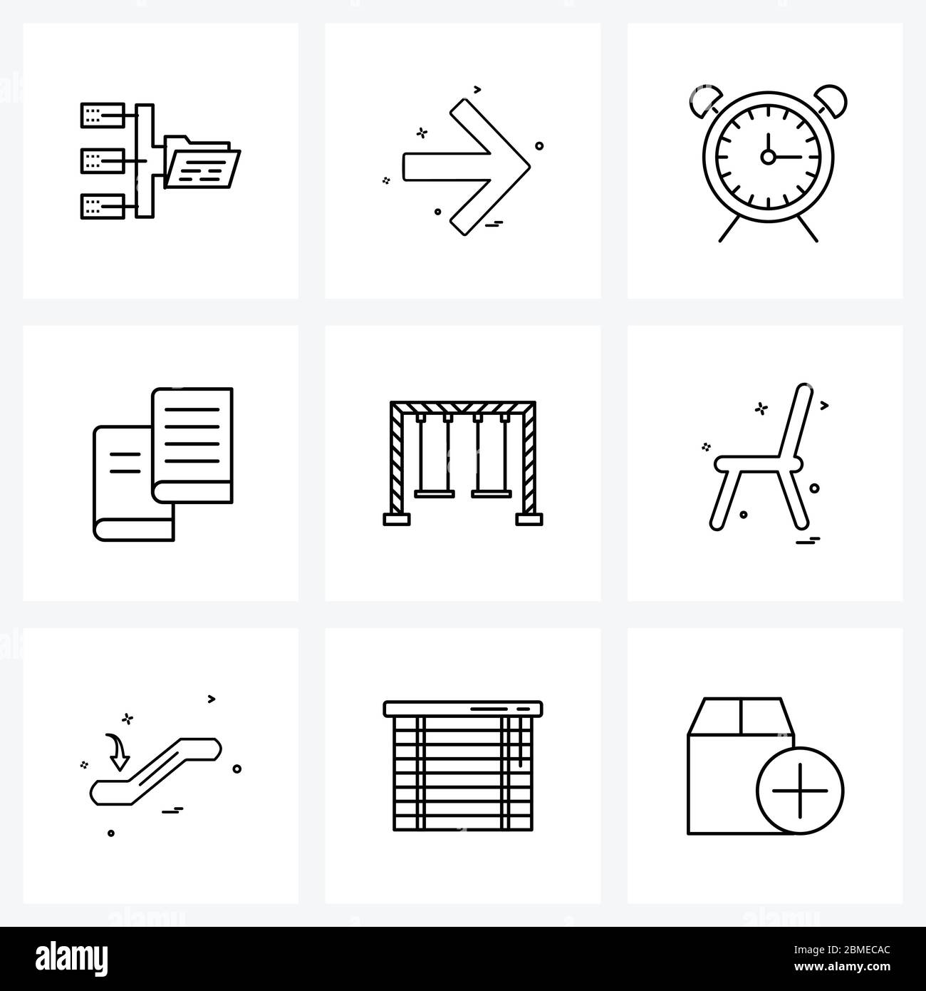 Set von 9 Modern Line Icons von Swing, Roman, Alarm, Notizbuch, Buch Vektor Illustration Stock Vektor