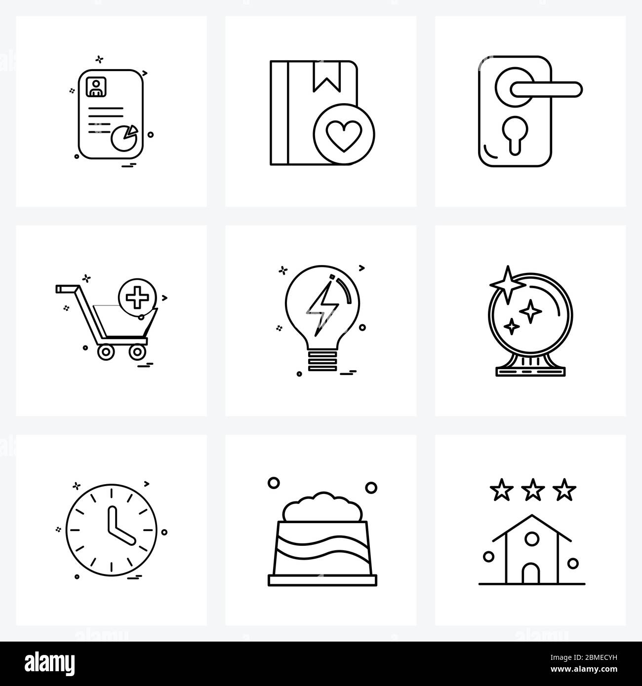 9 Universal Line Icons für Web und Mobile Bildung, Idee, Schloss, Warenkorb, Shopping Vektor Illustration Stock Vektor