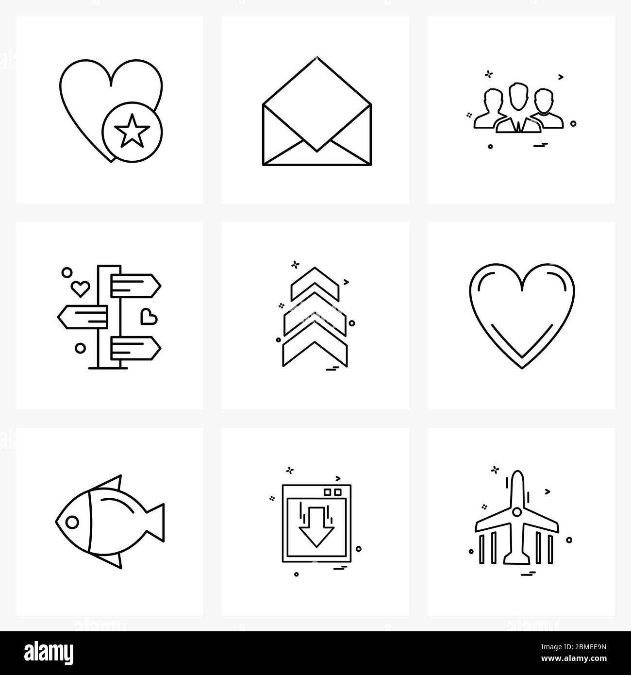 Isolierte Symbole Set von 9 einfachen Linien Symbole von Pfeilen, Reihe, Gruppe, Liebe, Richtung Vektor Illustration Stock Vektor