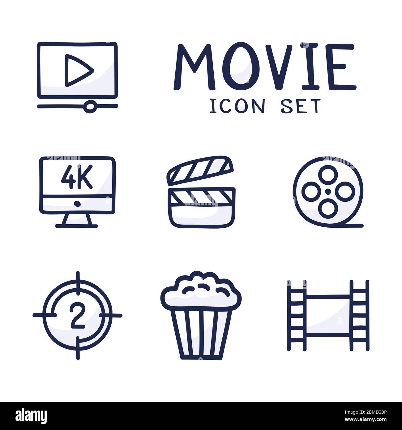 Einfache Menge von Kino Verwandte Vektor-Cartoon skizzieren Symbole. Enthält Symbole wie Film 4k, Popcorn, Video Clip und mehr. Hand zeichnen Vektor illustratio Stock Vektor