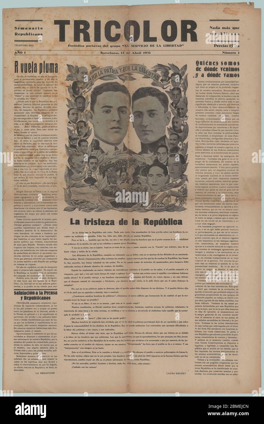 Portada del periódico republicano Tricolor, número uno. Barcelona, April 1932. Portada dedicada a los participantes en el intento de instaurar la república en España, conocido como insurrección de Jaca, los capitanes Ángel García Hernández (1900-1930), y Fermín Galán Rodríguez (1899-1930), por lo que fueron fusilados. Stockfoto