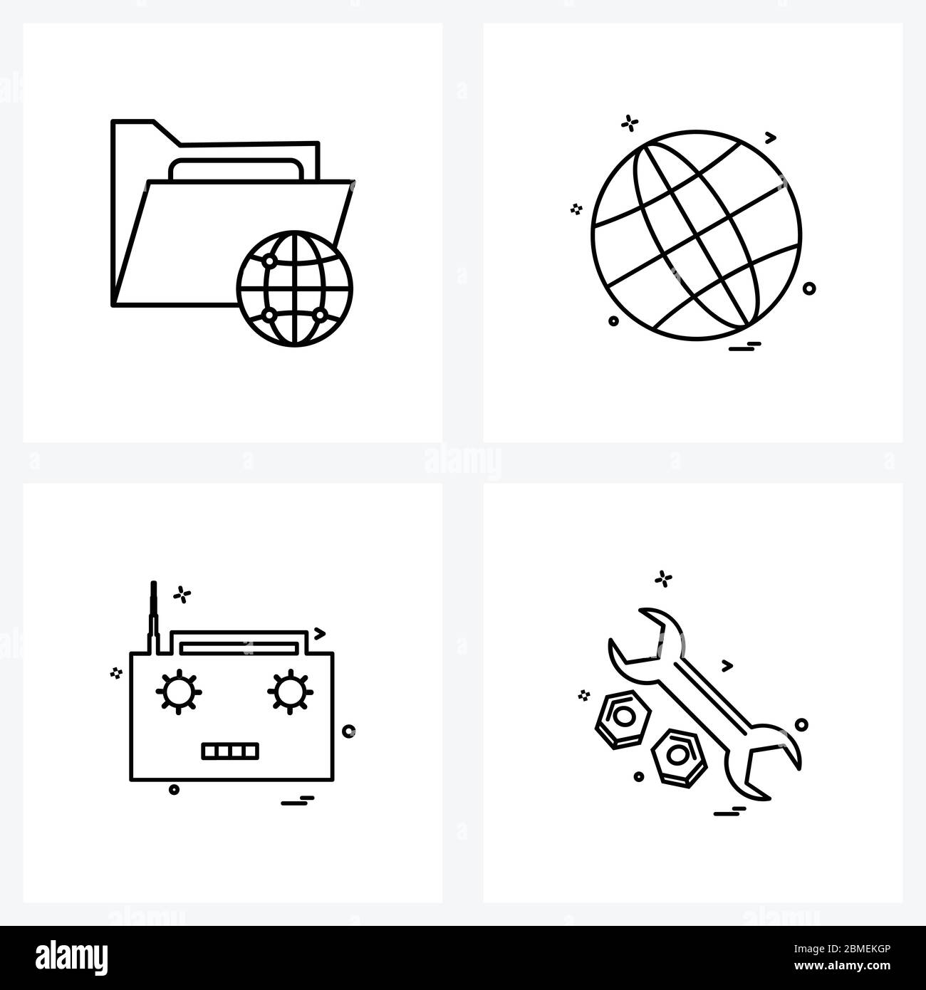 Set von 4 Simple Line Icons von Share Ordner, Tape Recorder, Bildung, Welt, Schrauben Vektor Illustration Stock Vektor