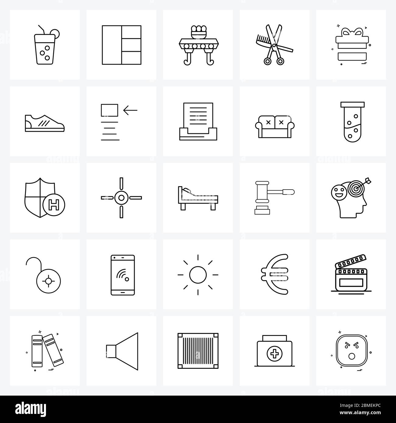 Mobile UI Line Icon Set von 25 modernen Piktogrammen Geschenk, Haarkamm, Dekoration, Haare, Kamm Vektor Illustration Stock Vektor