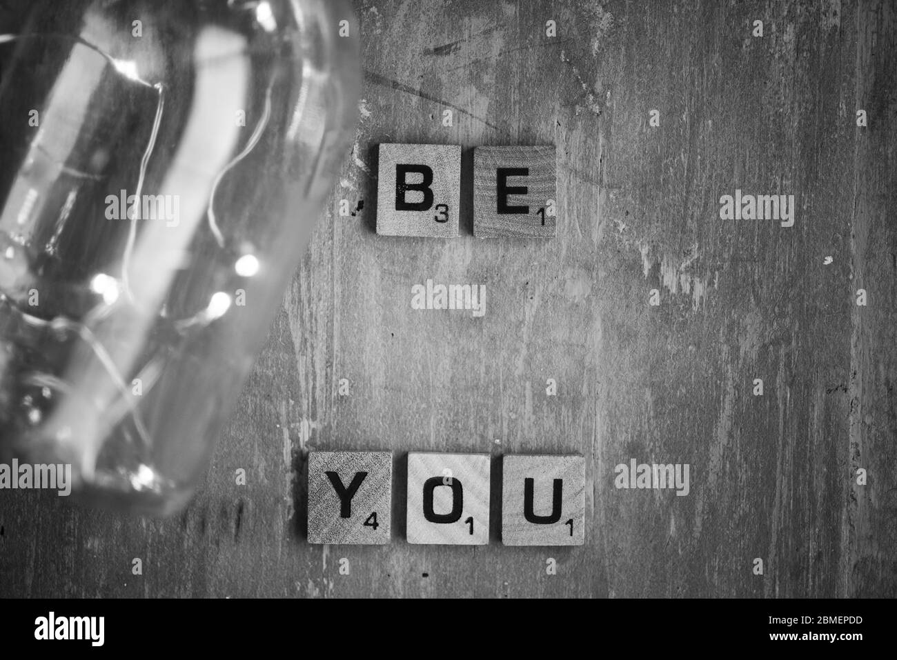 Die Worte seien Sie in Scrabble Buchstaben Stockfoto