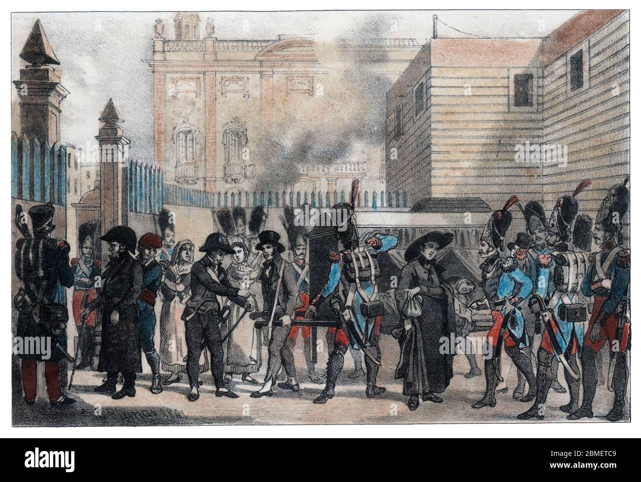 Guerra de la Independencia (1808-1814). Katalonien. Entrada de armas en Barcelona camufladas en la camilla de una parturienta en marzo de 1809. Grabado de 1861. Autor: Eusebi Planas Franquesa. Stockfoto