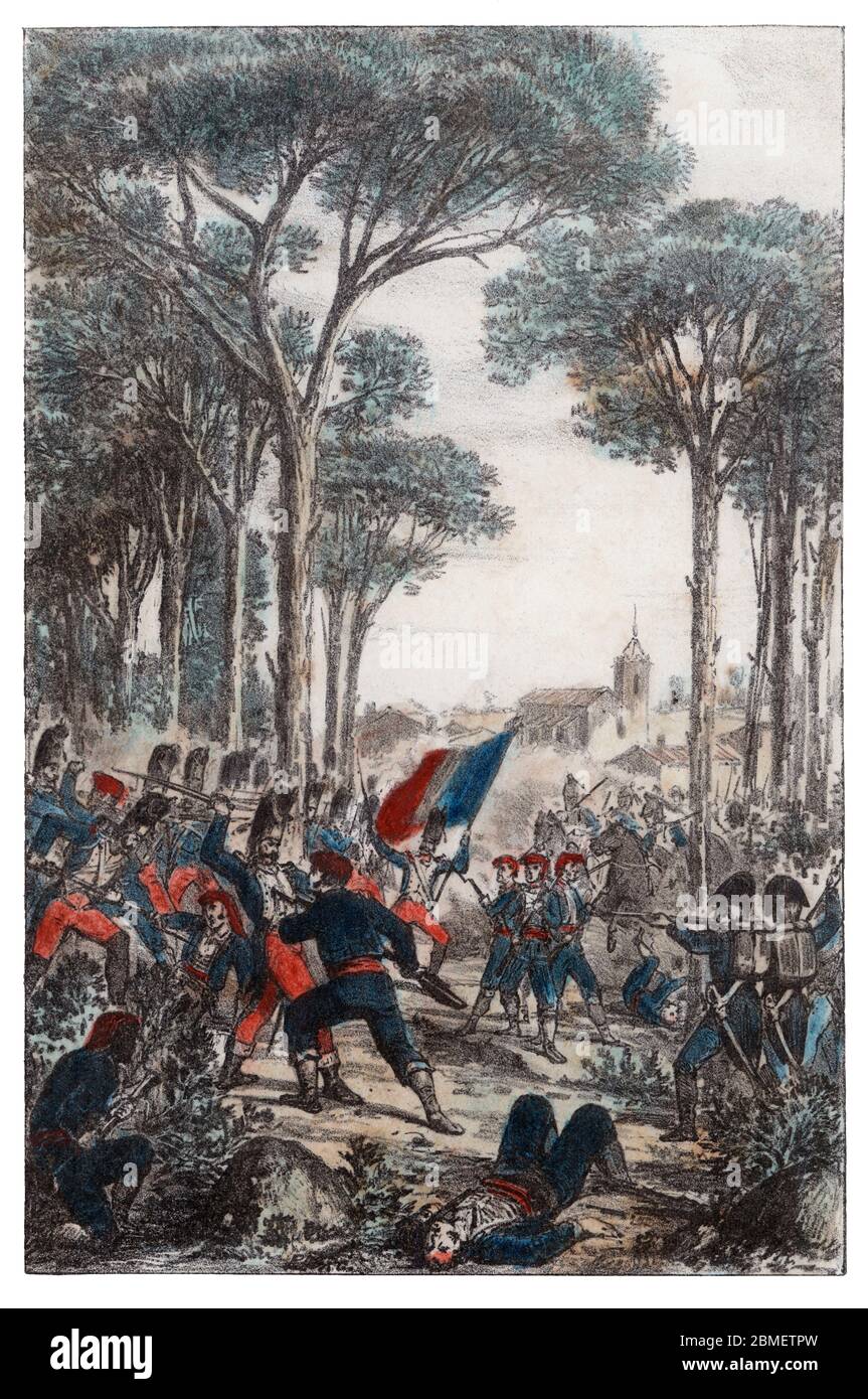 Guerra de la Independencia (1808-1814). Katalonien. El ejército español al mando del General Vives presenta batalla a las tropas francesas entre Llinars del Vallès y Cardedeu en febrero de 1809. Grabado de 1862. Autor: Tomás Padró Pedret. Stockfoto