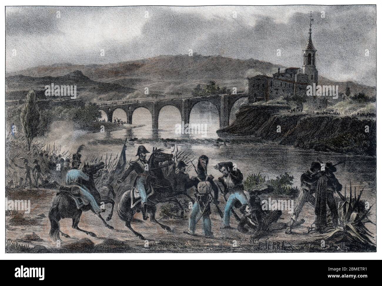 Guerra de la Independencia (1808-1814). Katalonien. La división francesa al mando del Baron de Burke atacan Roda de Ter el 5 de marzo de 1812, son rechazadas por las tropas de Joaquín lbáñez Cuevas Valones (1794-1825), barón de Eroles. Grabado de 1861. Autor: Joan Serra Pausas. Stockfoto