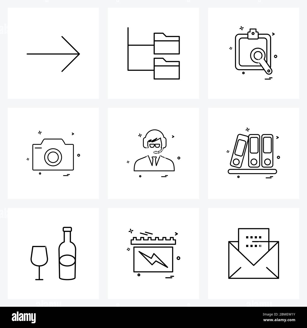 Mobile UI Line Icon Set von 9 modernen Piktogrammen von Profil, Avatar, Text, Foto-Grafik, Kamera Vektor Illustration Stock Vektor