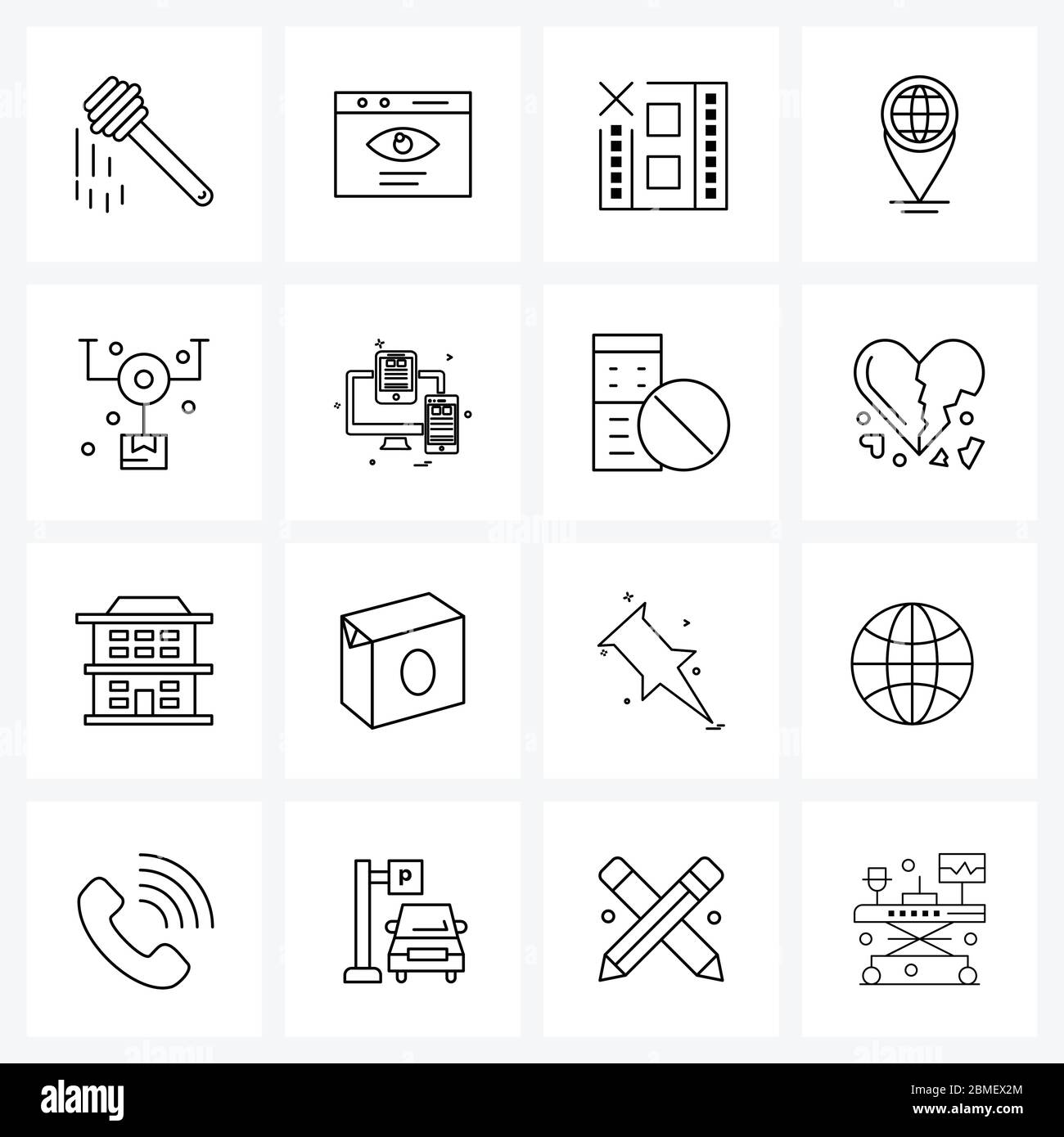 16 editierbare Vektorliniensymbole und moderne Symbole von Monitor, Box, Video, Drohne, Kartenzeiger Vektorgrafik Stock Vektor