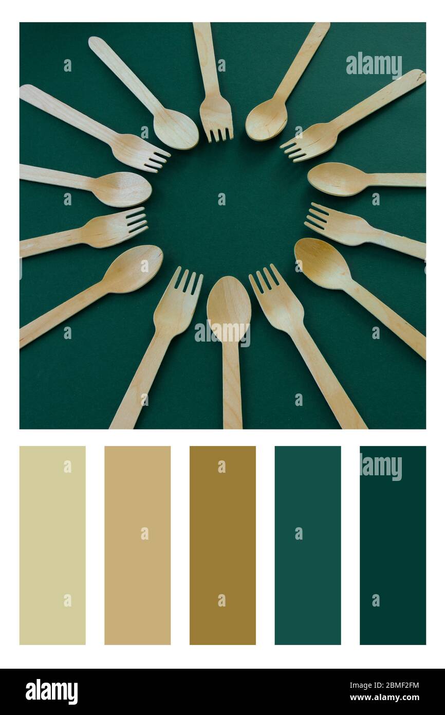 Löffel aus Bambus. Umweltfreundliche Kücheneinrichtung. Ökologisches Konzept: Farbpalette mit kostenlosen Farbfeldern Stockfoto