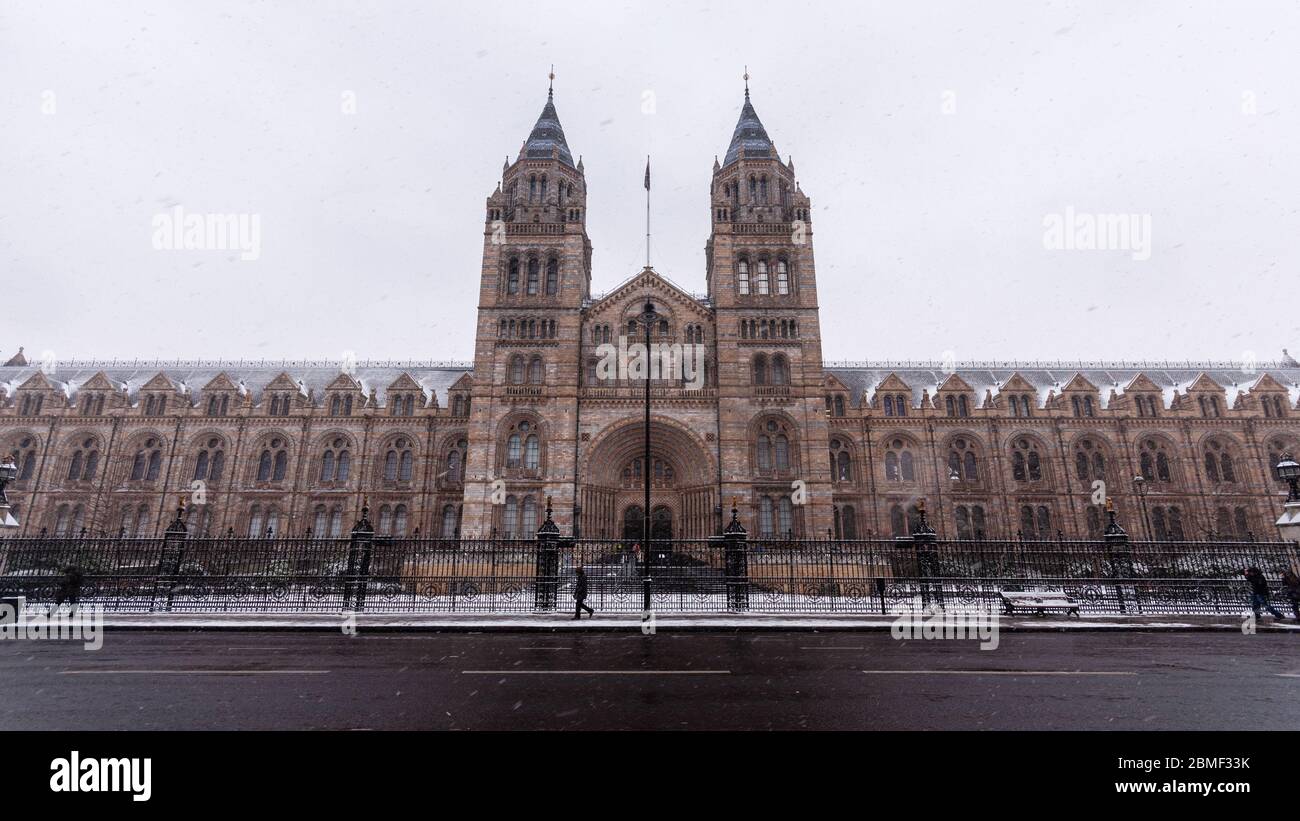 London, England, UK - 18. Januar 2013: Schnee fällt auf die großartige viktorianische Architektur des Natural History Museum in South Kensington. Stockfoto