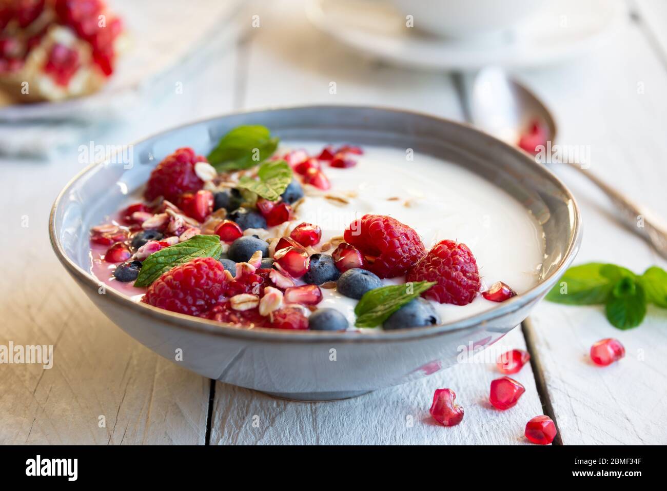 Joghurt mit frischem Obst, Minze und Müsli in einer Schüssel, gesundes Frühstück Stockfoto