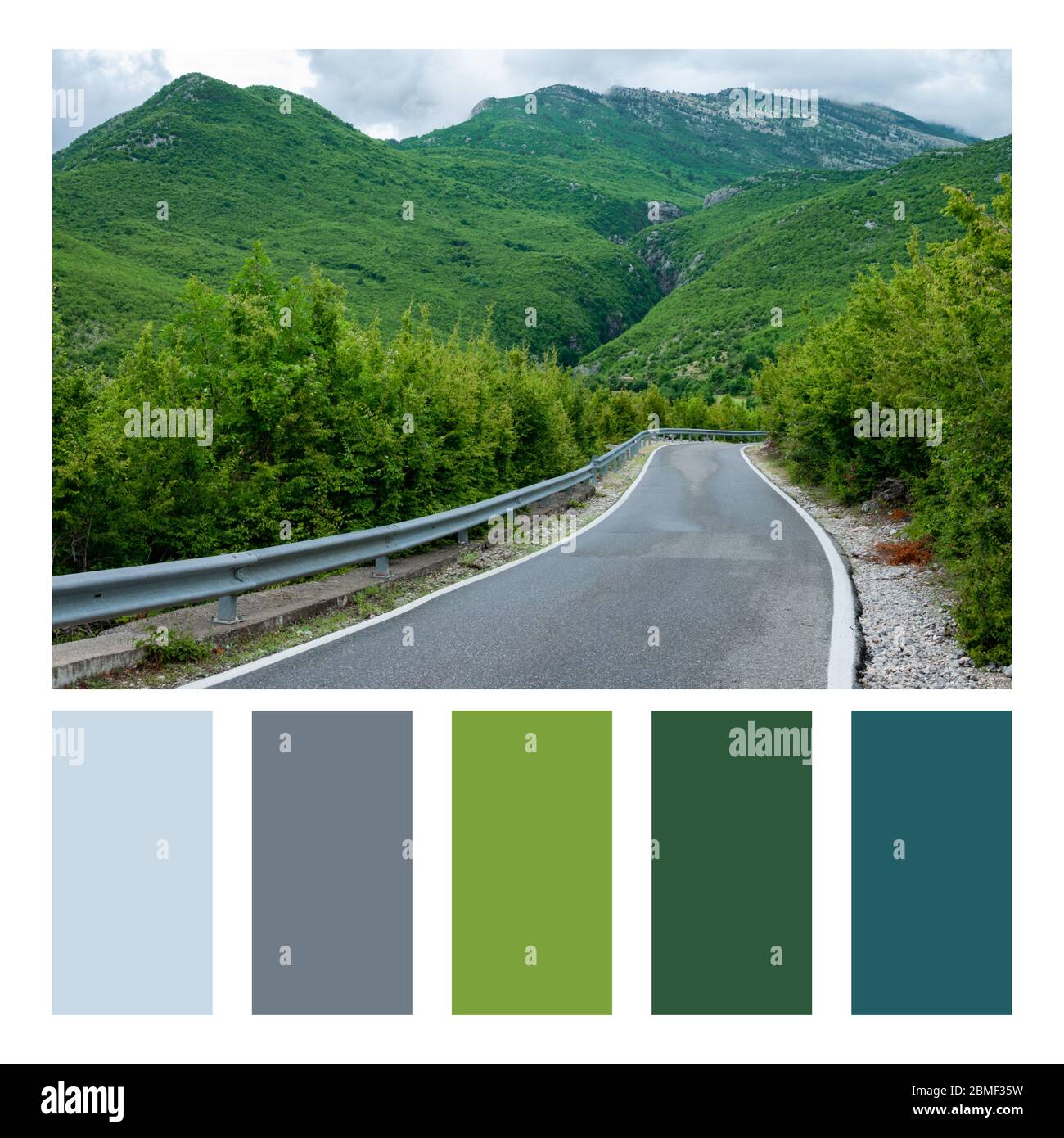 Albanische Naturlandschaft. Hohe Bergstraße in Farbpalette, mit kostenlosen Farbfeldern Stockfoto