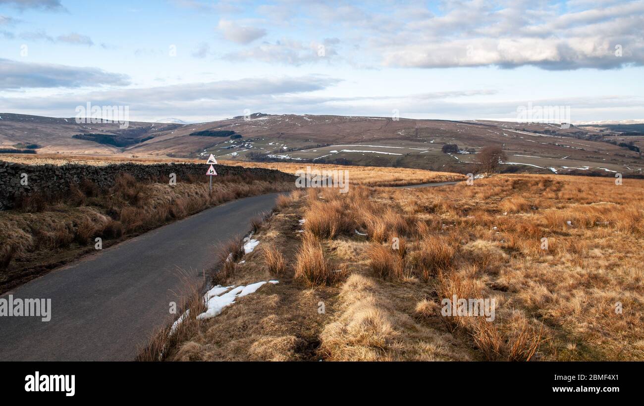 Eine schmale Landstraße windet sich durch raues Moorland auf den Hügeln des Forest of Bowland in Lancshire. Stockfoto