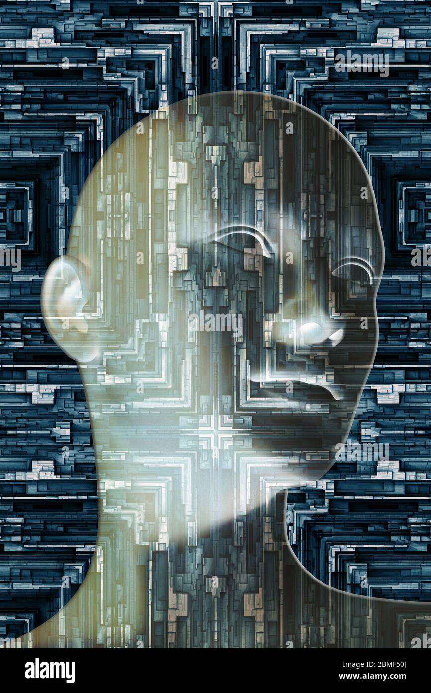 Humanoiden Kopf als Konzept für Künstliche Intelligenz, zukünftige Generationen von Menschen, Technologie, Singularität, cyberlife und digital erstellte Personas Stockfoto