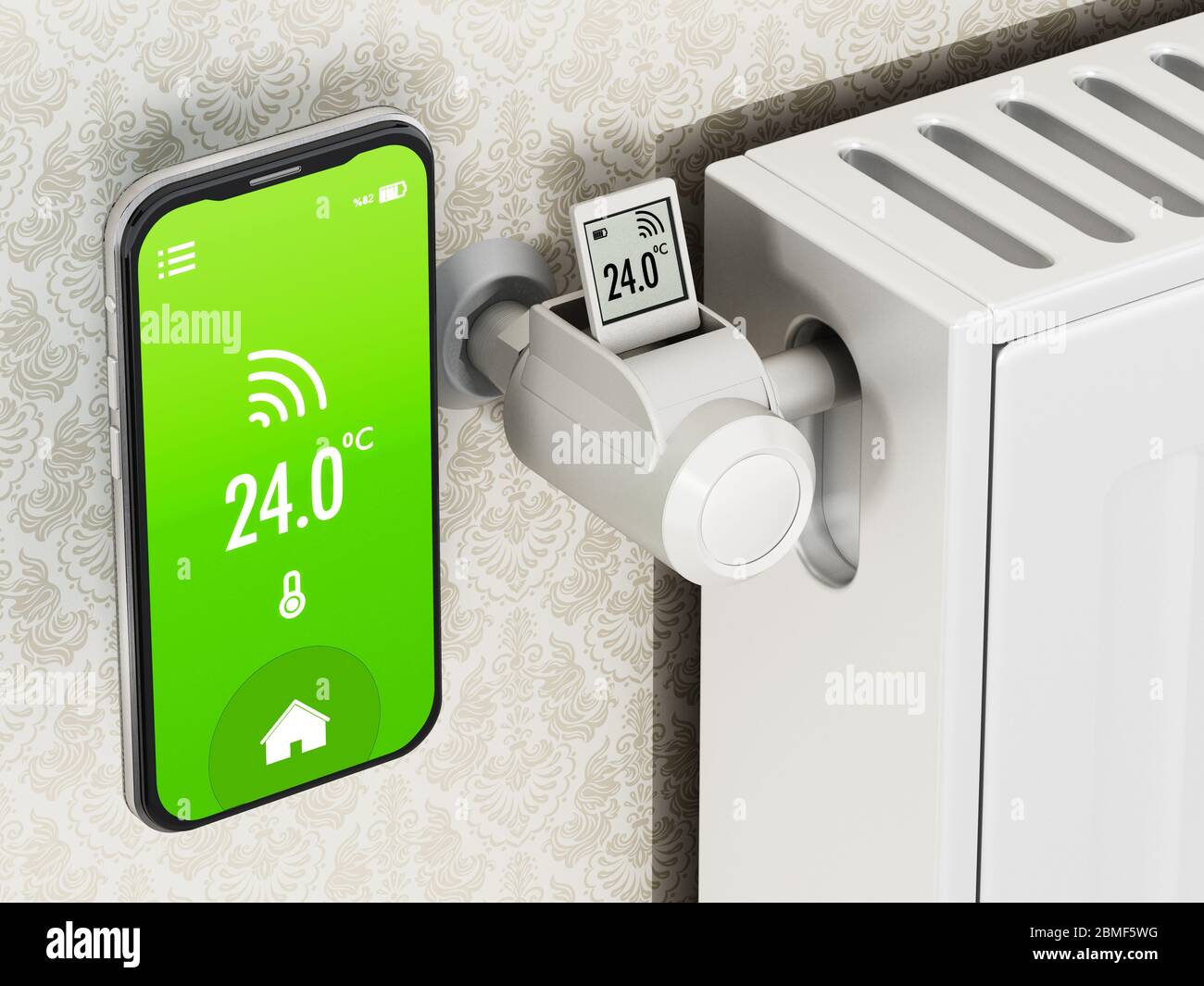 Smartphone und thermostatisches Heizkörperventil mit LCD-Bildschirm. 3D-Darstellung. Stockfoto