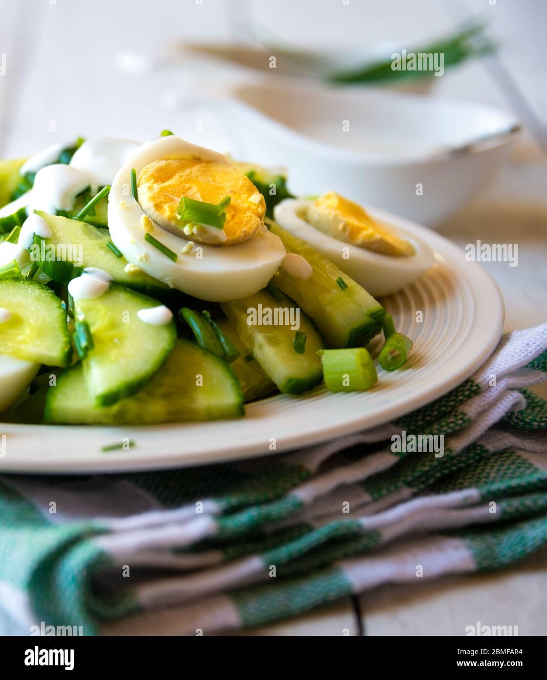 Gesunder grüner Salat mit Gurken, Eiern, Zwiebeln und Sahne Stockfoto