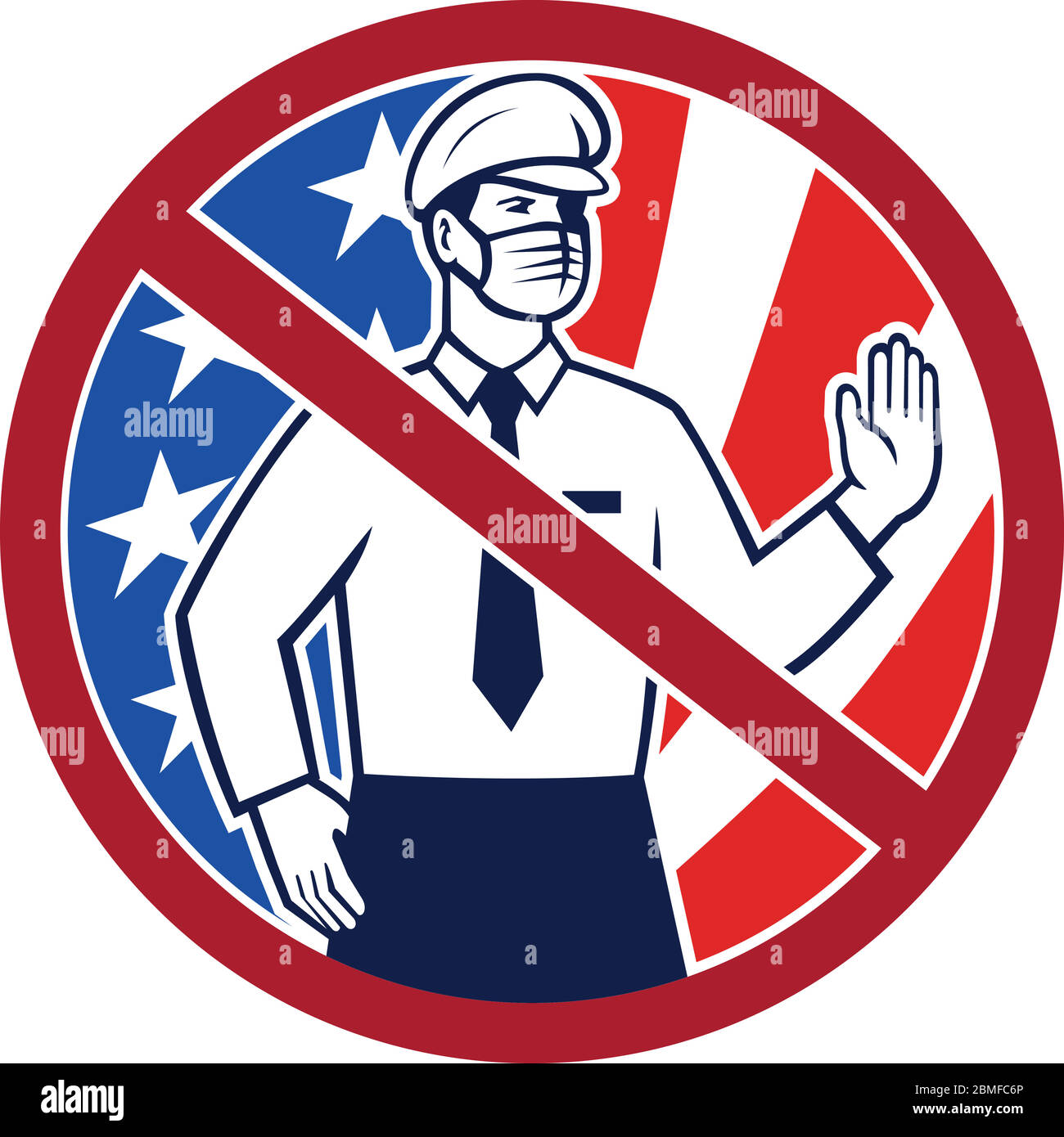 Icon Retro-Stil Illustration von No Entry in Amerika ohne Impfkonzept zeigt einen amerikanischen Einwanderungsbeamten Maske Putting Hand ou Stock Vektor