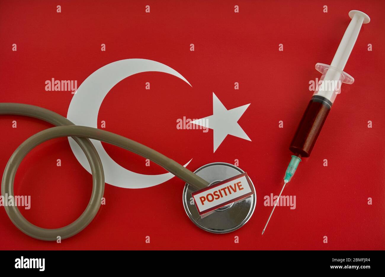 Stethoskop und Spritze auf Türkei Flagge mit Coronavirus-Etikett Stockfoto