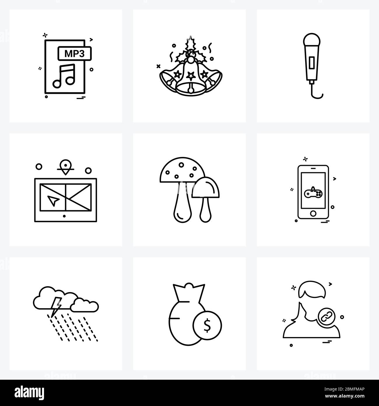 9 Universal Line Icon Pixel Perfect Symbole der Technologie, digital, Glocken, Sound, mic Vektor Illustration Stock Vektor
