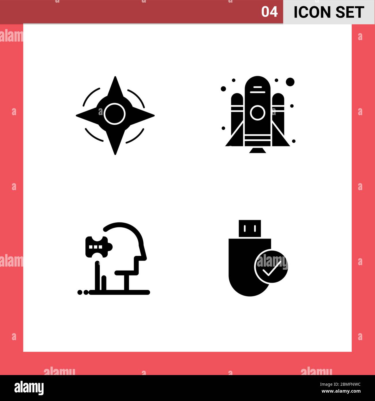 Modernes Set von 4 festen Glyphen und Symbole wie Kompass, Lösungen, Rakete, Psychiatrie, verbundene editierbare Vektor-Design-Elemente Stock Vektor