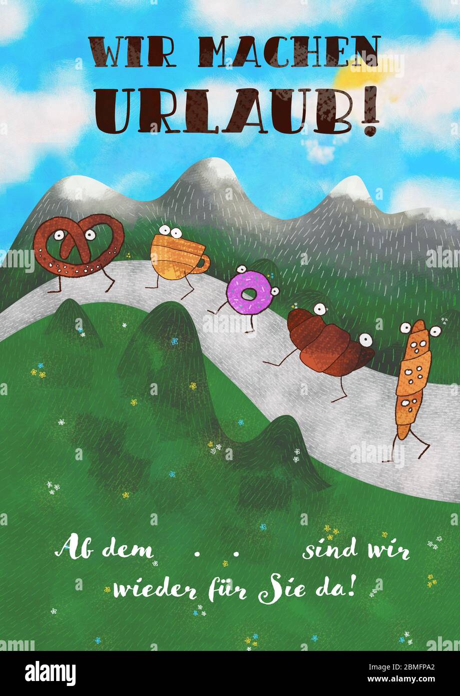 Flyer für Geschäft, Geschäft oder Geschäft Schaufenster. Text in Deutsch Wir machen Urlaub, in Englisch Wir sind im Urlaub. Für Bäckerei oder Café. Stockfoto