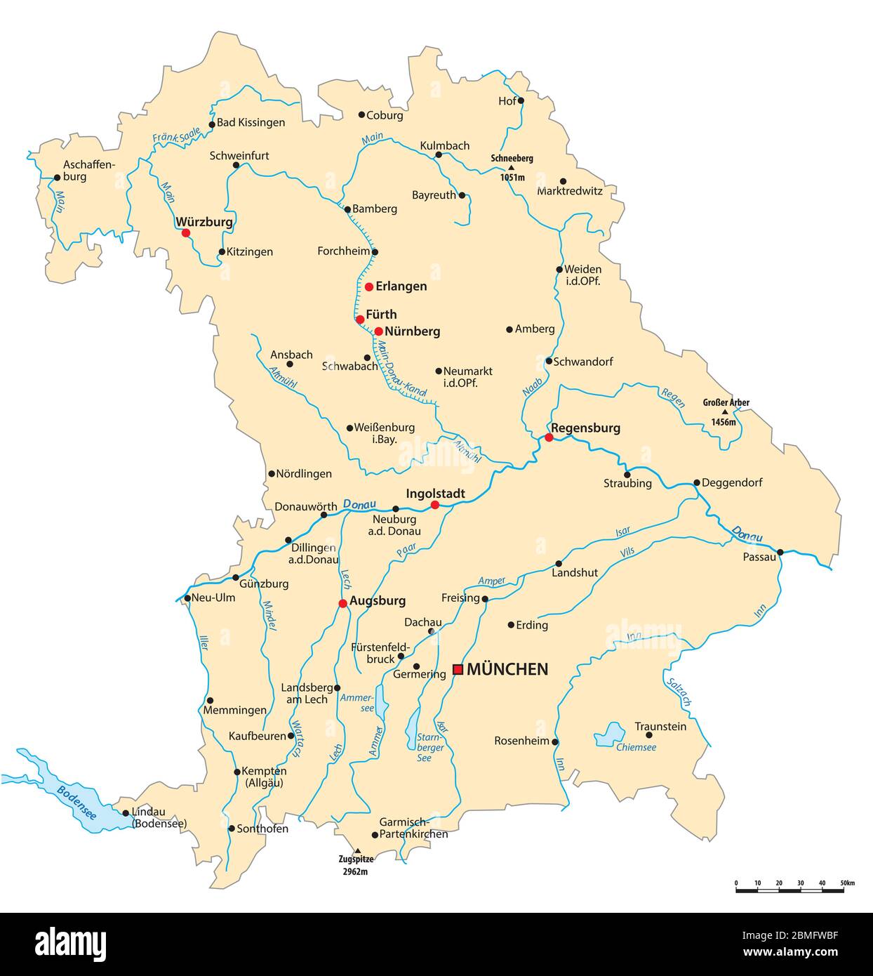 Vektorkarte des Bundesstaates Bayern mit Großstädten, Deutschland Stock Vektor