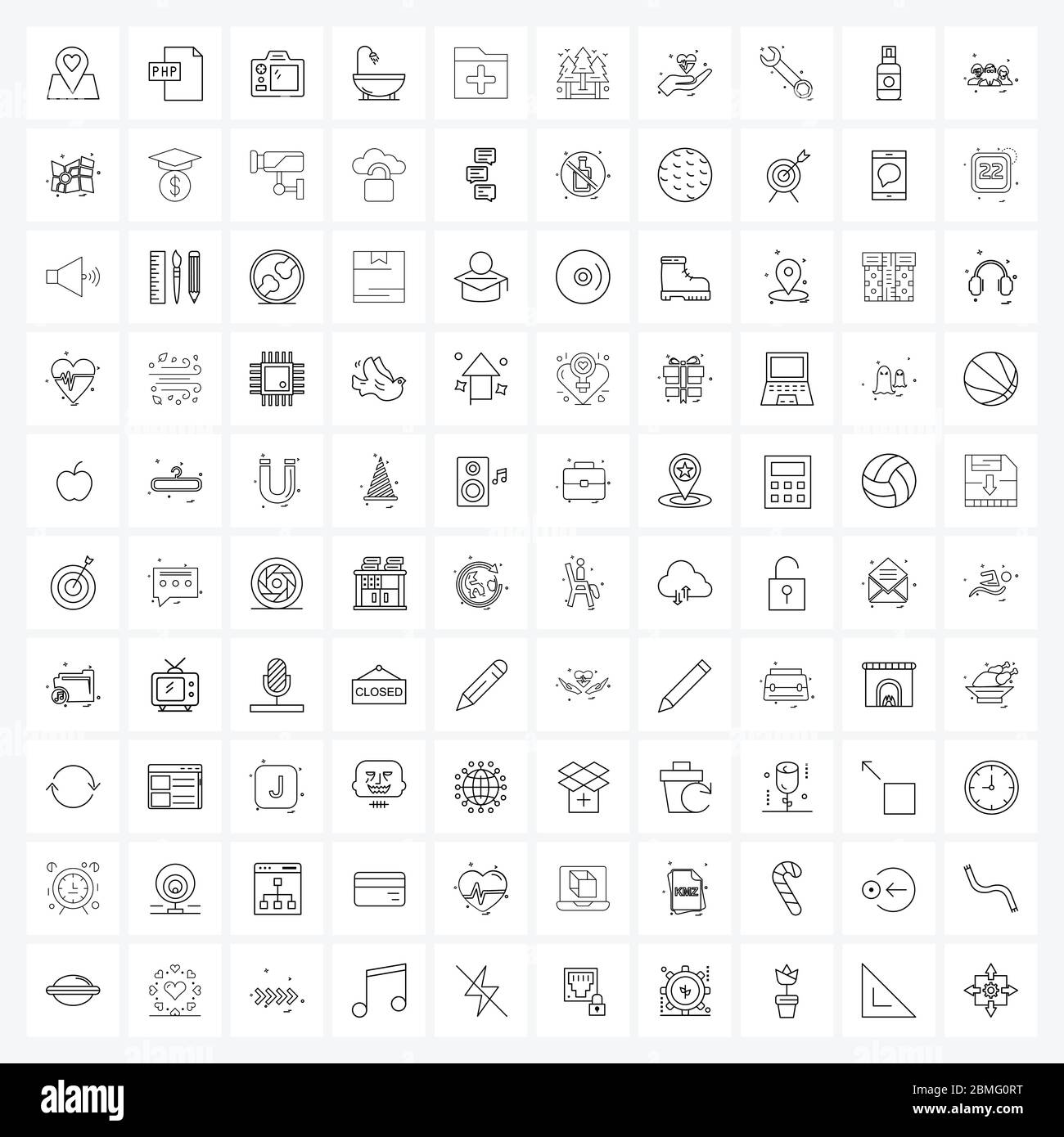 100 Universal Icons Pixel Perfect Symbole für Krankenhausdokumente, Ordner, Kamera, Dusche, Bad Vektor Illustration Stock Vektor