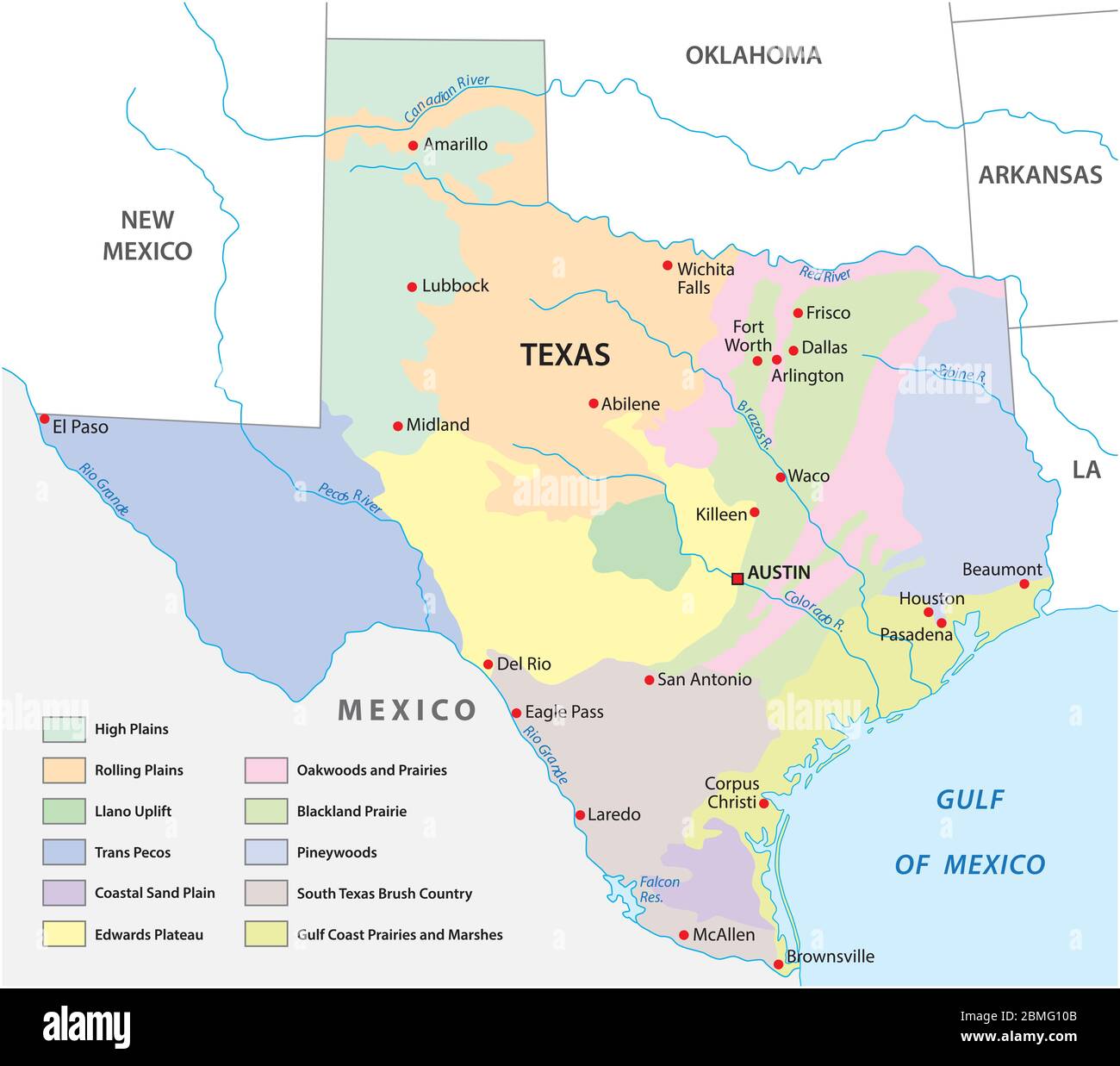 Vektorkarte der physikalischen Regionen von Texas Stock Vektor