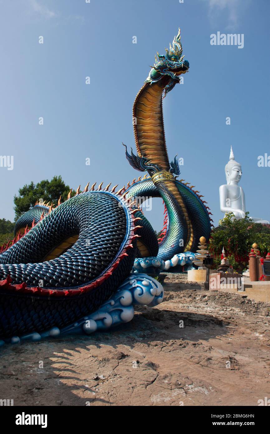 Große blaue Naka und weiße buddha-Statue im Wat ROI Phra Phutthabat Phu Manorom für thai-Menschen und Ausländer Reisende Reise Besuch und Respekt beten Stockfoto