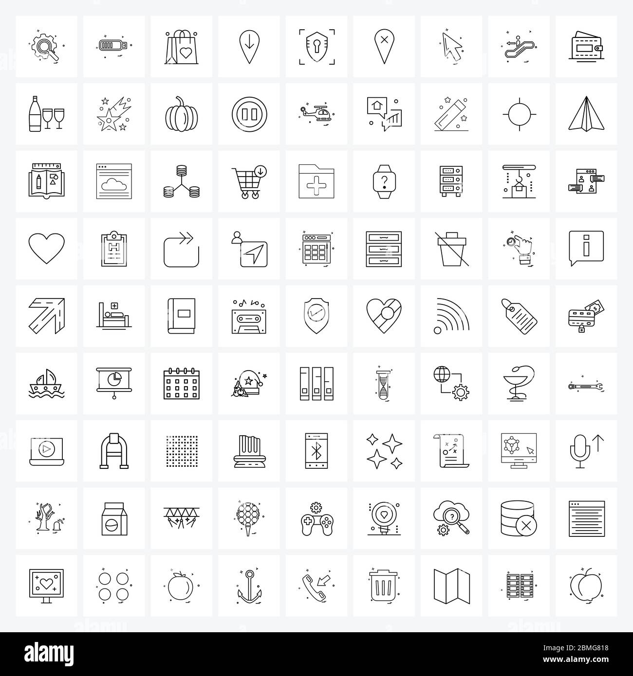 Set von 81 Simple Line Icons für Web und Print wie Netzwerk, Download, Karte, Herz Vektor Illustration Stock Vektor