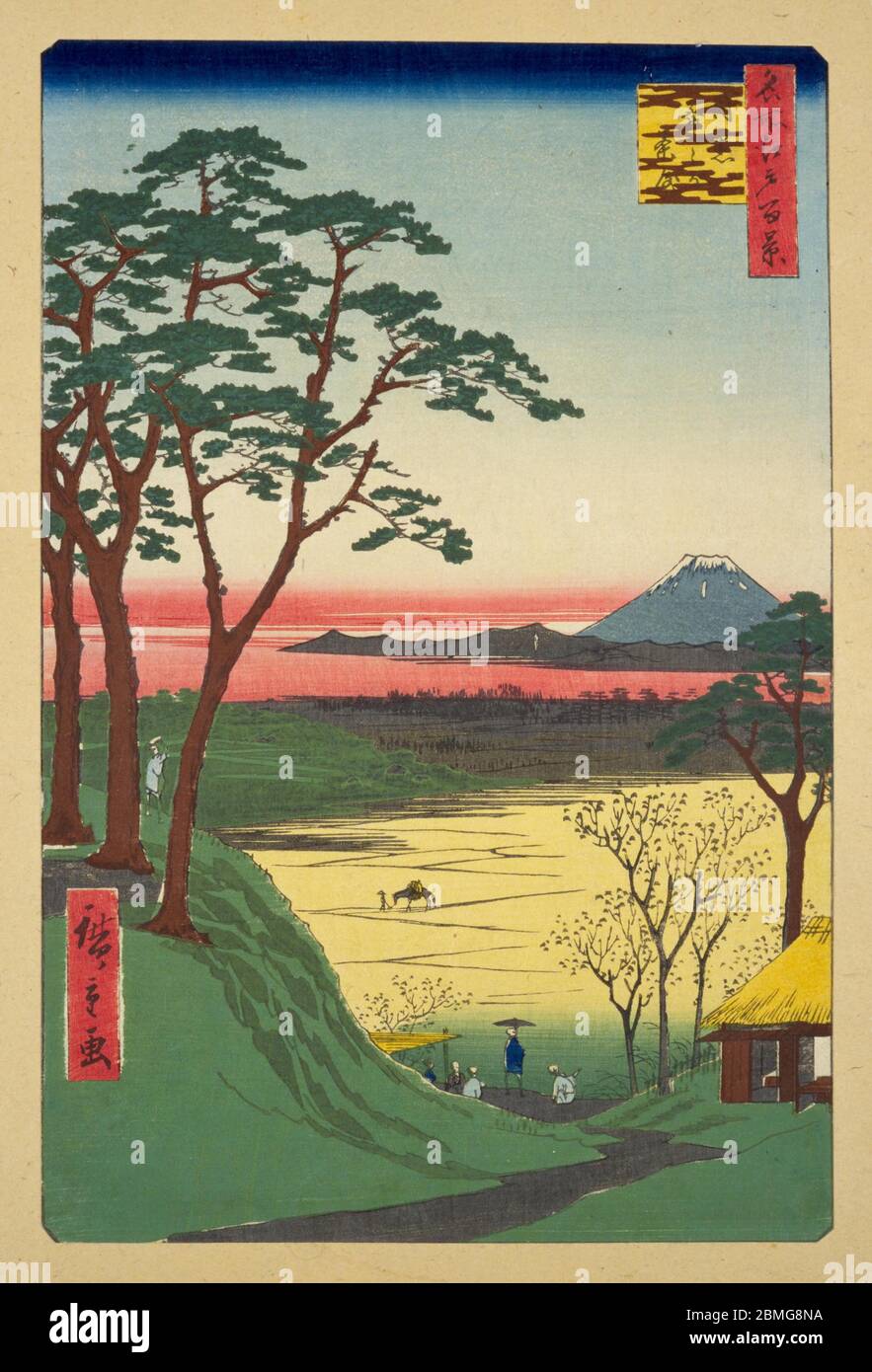 [ 1850er Japan - Meguro und Mount Fuji ] - EIN Teehaus in Meguro, Edo (derzeit Tokio), 1857 (Ansei 4). Im Hintergrund ist der Fuji zu sehen. Dieser Holzschnitt ist Bild 84 in hundert berühmten Ansichten von Edo (名所江戸百景, Meisho Edo Hyakkei), einer Serie von Ukiyoe Künstler Utagawa Hiroshige (歌川広重, 1797–1858) erstellt. Es ist eine von 26 Herbstszenen der Serie. Titel: 'Opa's Teahouse' in Meguro (目黒爺々が茶屋, Meguro jijigachaya) Vintage Ukiyoe Holzschnitt aus dem 19. Jahrhundert. Stockfoto