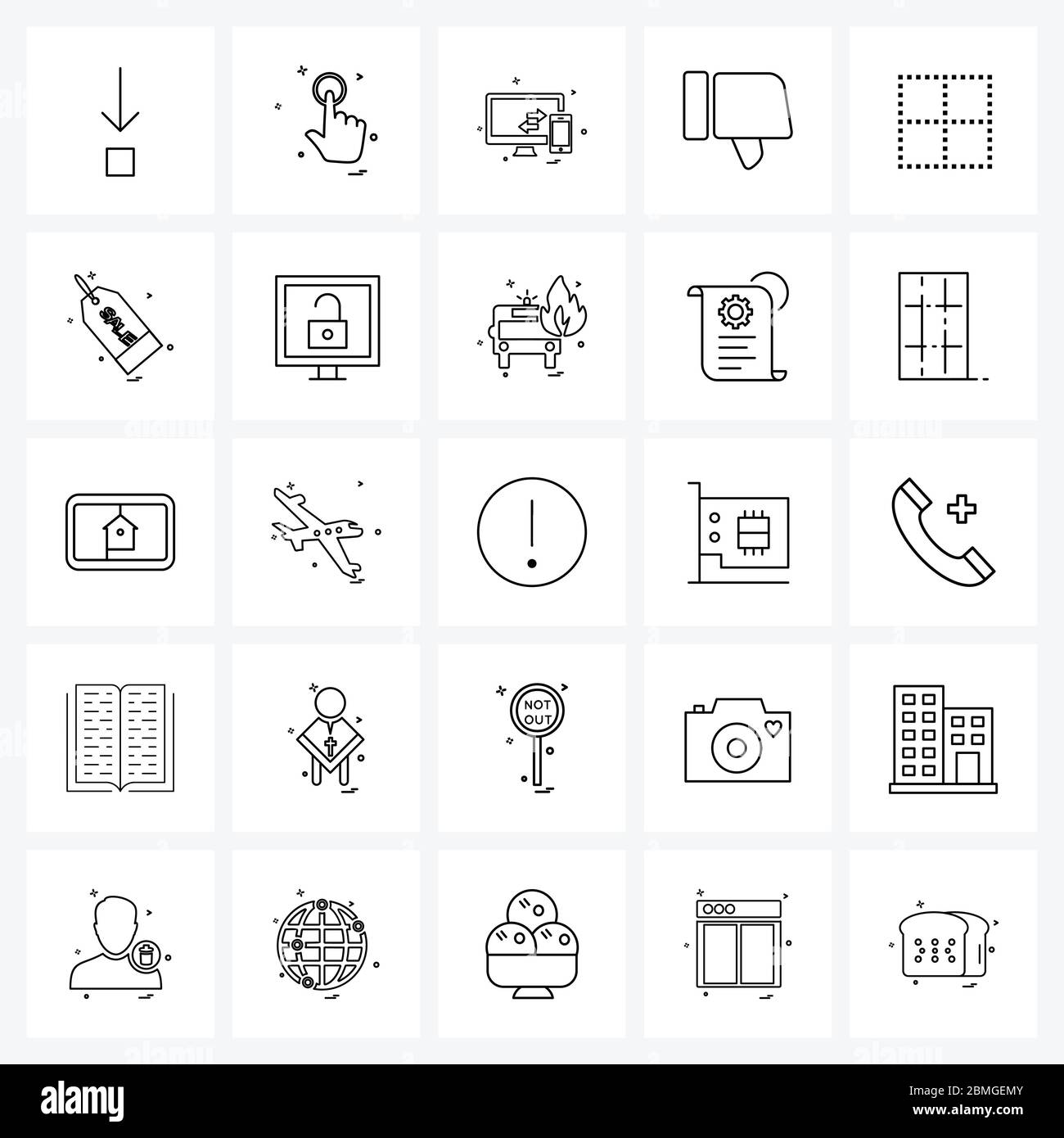 Mobile UI Line Icon Set von 25 modernen Piktogrammen von schmalen, Rand, Computer, Daumen, unten Vektor Illustration Stock Vektor