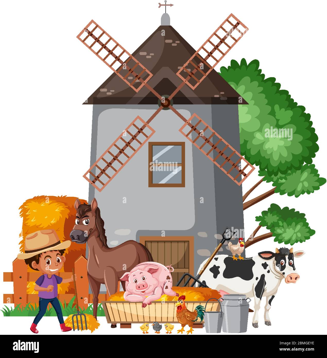 Szene mit Bauernjunge und viele Tiere Illustration Stock Vektor