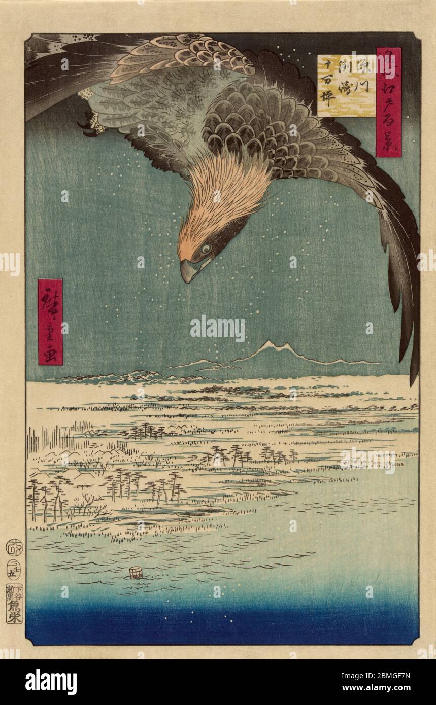 [ 1850er Japan - Adlertauchen nach Beute ] - ein Adler fliegt über die schneebedeckten Sümpfe von Jumantsubo, auch bekannt als Susaki, in Edo (heute Tokio), 1857. 1888 wurden die Bordelle aus Nezu hierher verlegt und der Ort wurde schließlich als Susaki Paradise bekannt, eines der bekanntesten Rotlichtviertel Tokyos. Dieser Holzschnitt ist Bild 107 in hundert berühmten Ansichten von Edo (名所江戸百景, Meisho Edo Hyakkei), eine Serie von Ukiyoe Künstler Utagawa Hiroshige erstellt. Titel: Fukagawa Susaki und Jumantsubo (深川州崎十万坪, Fukagawa Susaki Jumantsubo) Vintage Ukiyoe Holzschnitt aus dem 19. Jahrhundert. Stockfoto