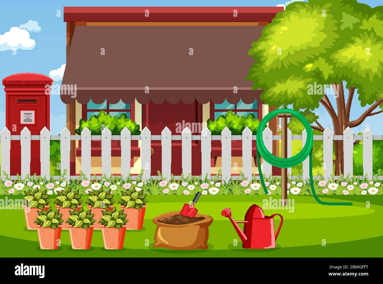 Hintergrund Szene mit Haus und Blumen in der Garten Illustration Stock Vektor