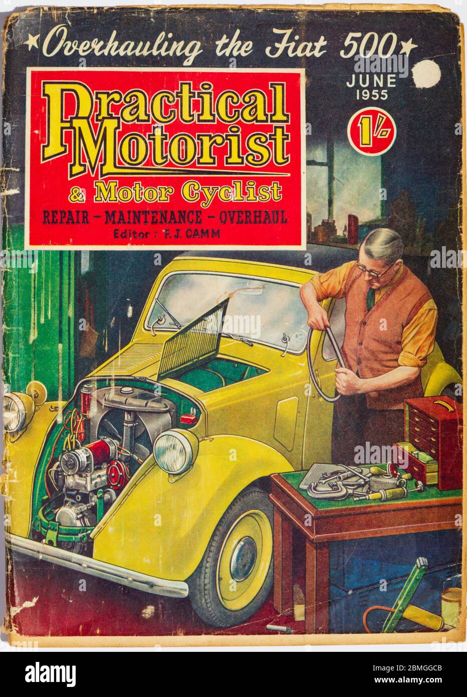 Juni 1955 Ausgabe des Praxismotoristen und Motor Cyclist Magazin Farbvorband mit Fial 500 Modell A Topolino. Preis 1/- Stockfoto